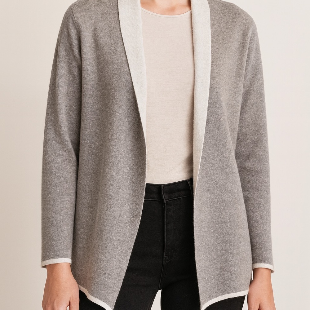 a new day Grey Open-Front Cardigan with Cream Trim